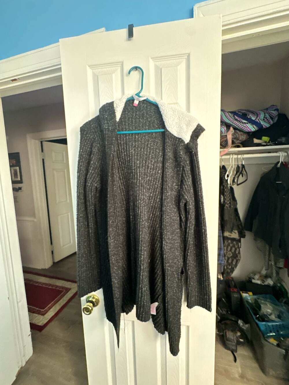 No Boundaries Women's Marled Black Hooded Open Front Ribbed Cardigan with Faux S